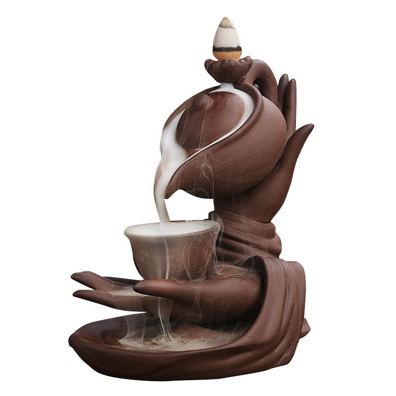Buddha Stones, mano di Buddha che tiene teiera, tazza, fontana di fumo a riflusso in ceramica, bruciatore di incenso curativo, decorazione - image 19