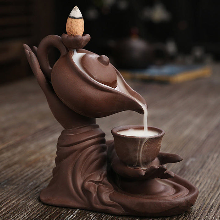 Buddha Stones, mano di Buddha che tiene teiera, tazza, fontana di fumo a riflusso in ceramica, bruciatore di incenso curativo, decorazione - image 13
