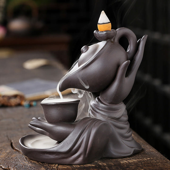 Buddha Stones, mano di Buddha che tiene teiera, tazza, fontana di fumo a riflusso in ceramica, bruciatore di incenso curativo, decorazione - image 2