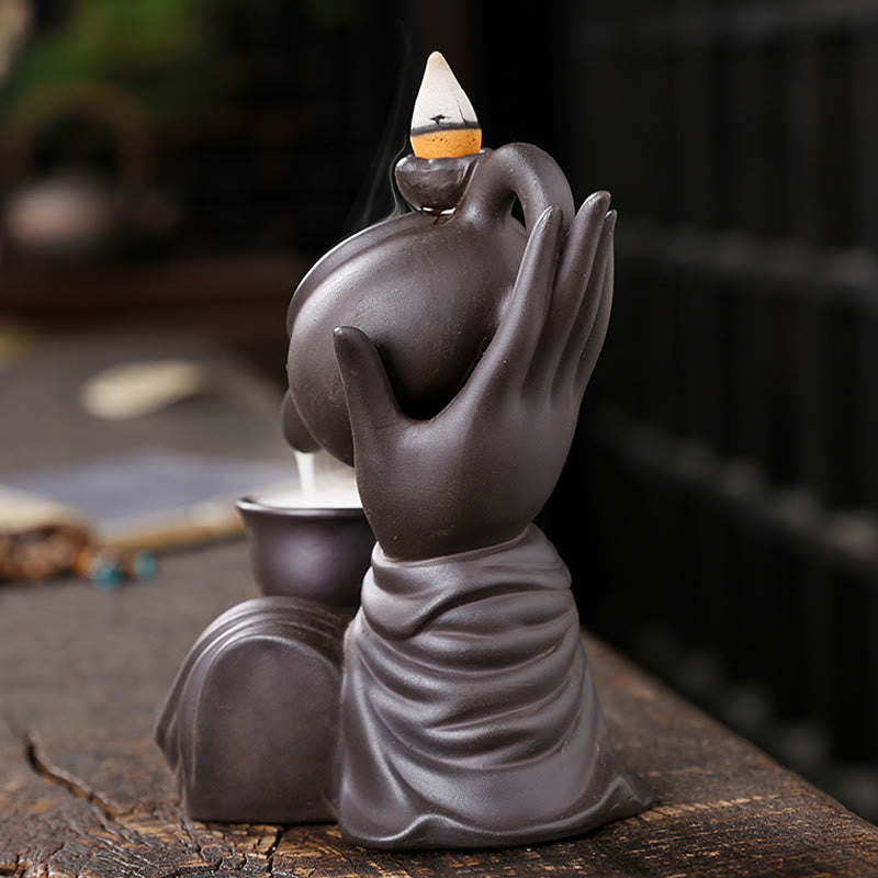 Buddha Stones, mano di Buddha che tiene teiera, tazza, fontana di fumo a riflusso in ceramica, bruciatore di incenso curativo, decorazione - image 3