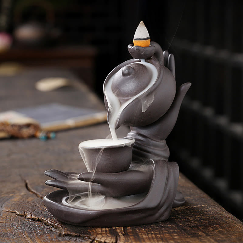 Buddha Stones, mano di Buddha che tiene teiera, tazza, fontana di fumo a riflusso in ceramica, bruciatore di incenso curativo, decorazione - image 4