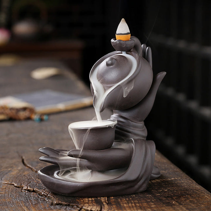 Buddha Stones, mano di Buddha che tiene teiera, tazza, fontana di fumo a riflusso in ceramica, bruciatore di incenso curativo, decorazione - image 4