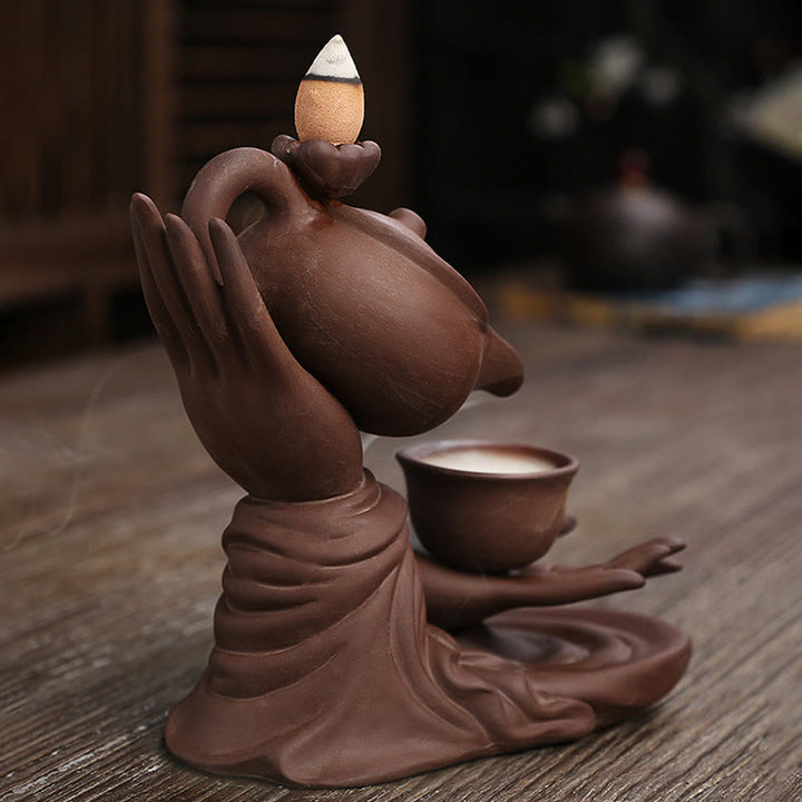 Buddha Stones, mano di Buddha che tiene teiera, tazza, fontana di fumo a riflusso in ceramica, bruciatore di incenso curativo, decorazione - image 14