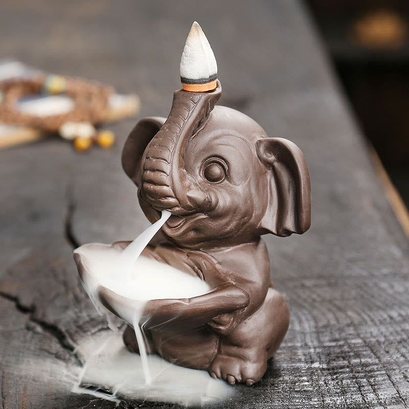 Buddha Stones, piccolo elefante che tiene una foglia, argilla viola, fontana di fumo a riflusso, bruciatore di incenso curativo, decorazione - image 2