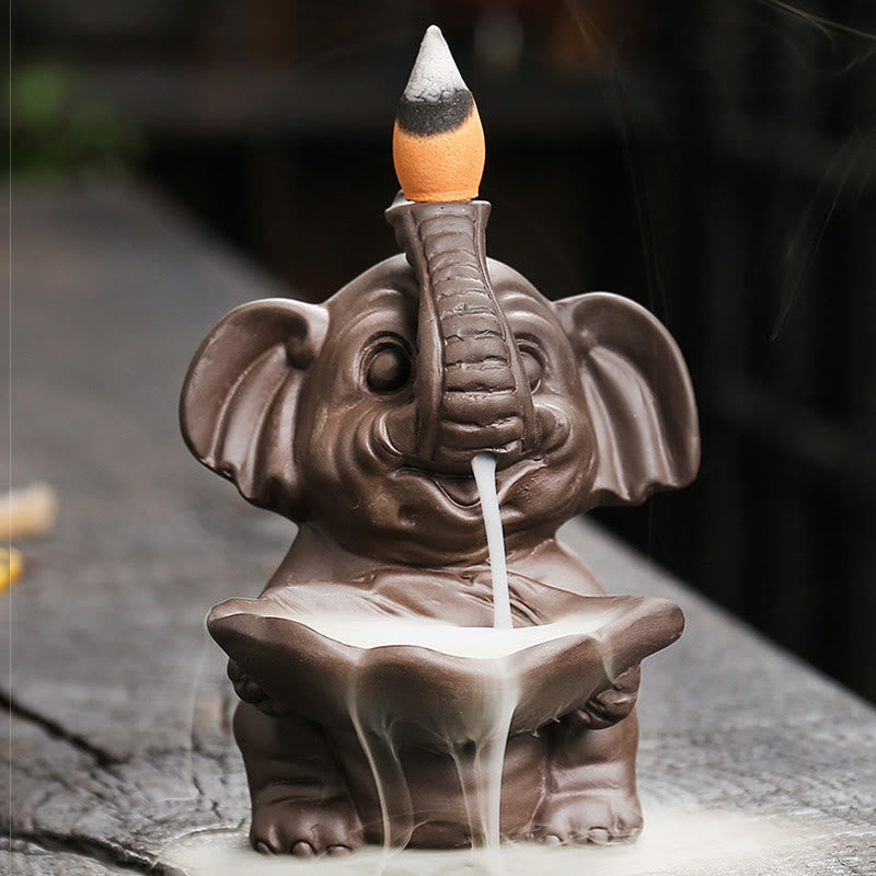 Buddha Stones, piccolo elefante che tiene una foglia, argilla viola, fontana di fumo a riflusso, bruciatore di incenso curativo, decorazione - image 8