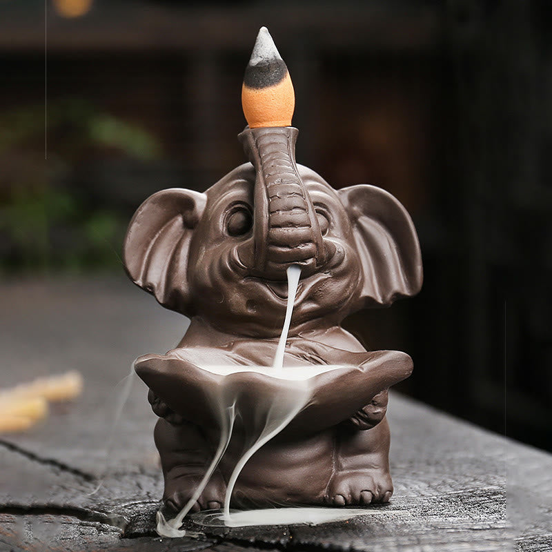 Buddha Stones, piccolo elefante che tiene una foglia, argilla viola, fontana di fumo a riflusso, bruciatore di incenso curativo, decorazione - image 7