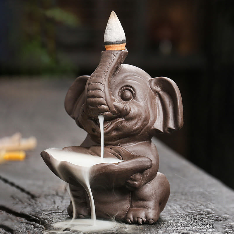 Buddha Stones, piccolo elefante che tiene una foglia, argilla viola, fontana di fumo a riflusso, bruciatore di incenso curativo, decorazione - image 3