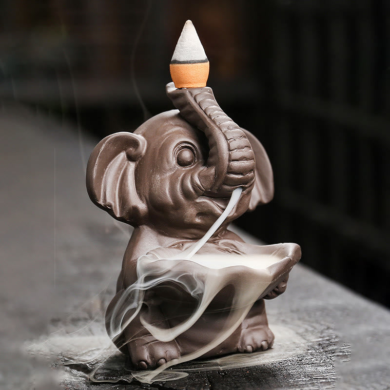 Buddha Stones, piccolo elefante che tiene una foglia, argilla viola, fontana di fumo a riflusso, bruciatore di incenso curativo, decorazione - image 1