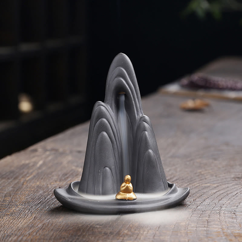 Buddha Stones, piccolo monaco, montagne, acqua corrente, argilla viola, ceramica, bruciatore di incenso a riflusso, decorazione - 10*6,6*10,8 cm (senza incenso) - image 0