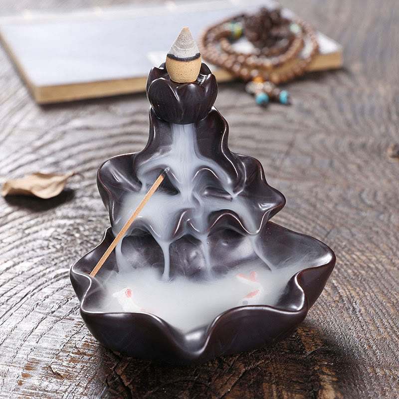 Buddha Stones, foglia di loto, pesce koi, fontana di fumo a riflusso in ceramica, bruciatore di incenso per la pace, decorazione - Nero 11,5*11*10cm - image 11