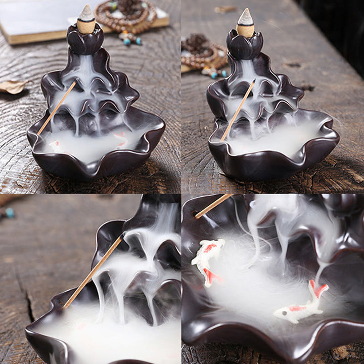 Buddha Stones, foglia di loto, pesce koi, fontana di fumo a riflusso in ceramica, bruciatore di incenso per la pace, decorazione - image 14