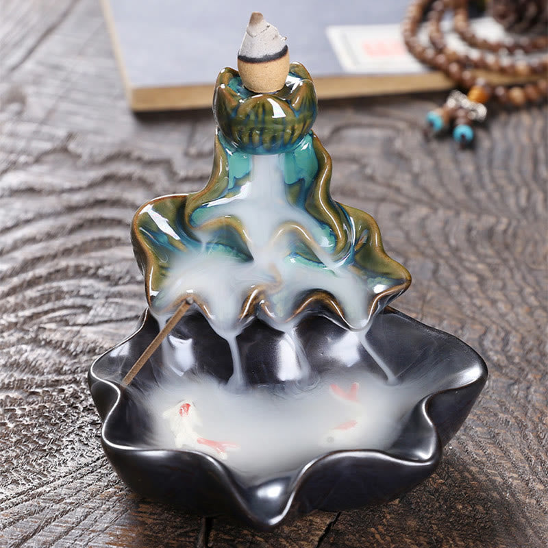 Buddha Stones, foglia di loto, pesce koi, fontana di fumo a riflusso in ceramica, bruciatore di incenso per la pace, decorazione - image 2