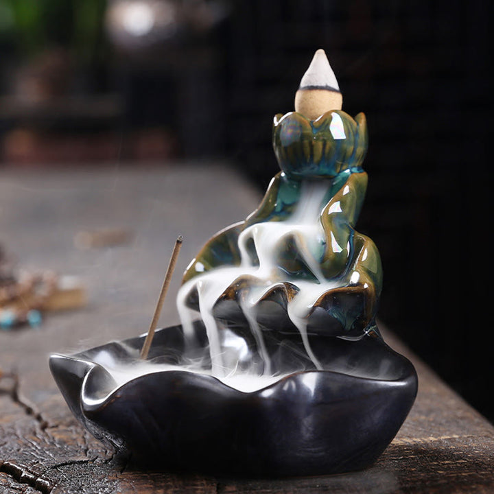 Buddha Stones, foglia di loto, pesce koi, fontana di fumo a riflusso in ceramica, bruciatore di incenso per la pace, decorazione - image 3