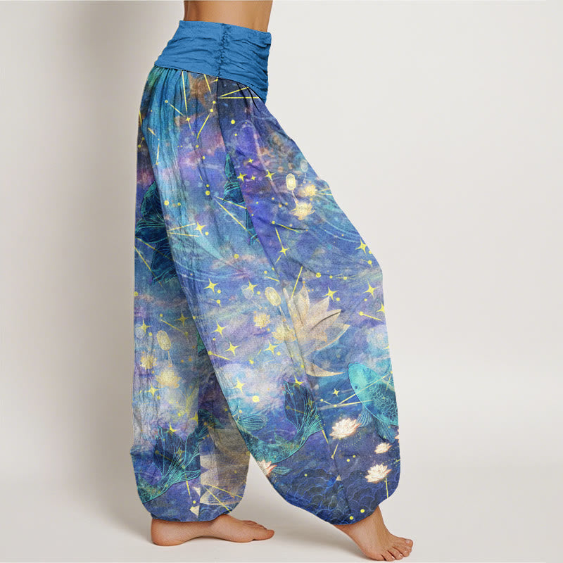 Pantaloni harem da donna con elastico in vita, in cotone, con motivo a pesce koi, loto, luna e stelle, motivo Buddha Stones - image 1