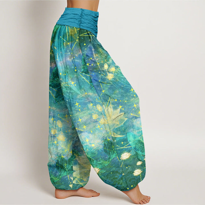 Pantaloni harem da donna con elastico in vita, in cotone, con motivo a pesce koi, loto, luna e stelle, motivo Buddha Stones - image 8