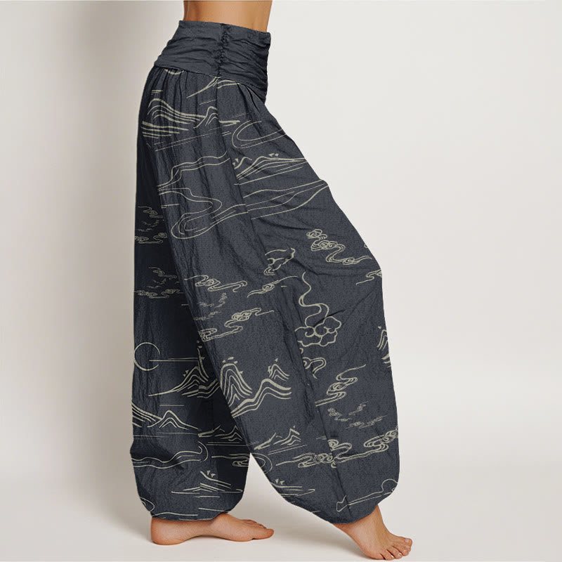 Pantaloni harem da donna con elastico in vita, motivo Buddha Stones Cotton Mountain Moon e nuvole di buon auspicio - image 1