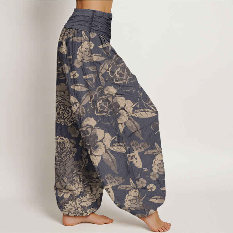 Pantaloni harem da donna con elastico in vita, in cotone, casual, con fiori di peonia e foglie, motivo Buddha Stones - image 1