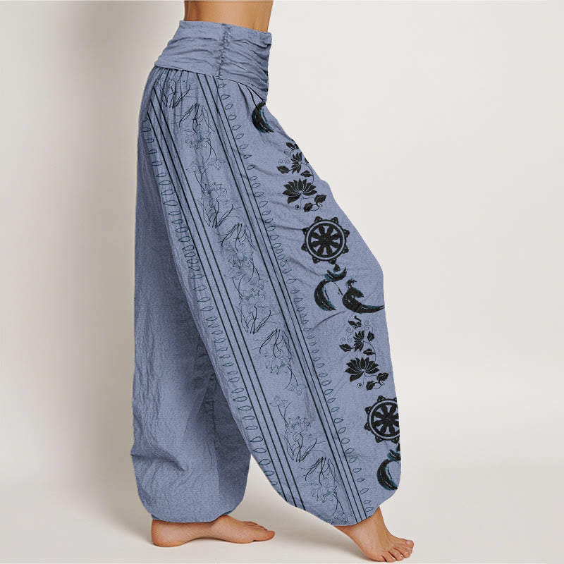 Pantaloni harem da donna con elastico in vita, motivo Buddha Stones in cotone con ruota del Dharma e motivo Lotus OM - image 1