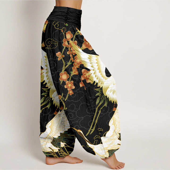 Pantaloni harem da donna con elastico in vita, motivo Buddha Stones Cotton Cranes Flowers e nuvole di buon auspicio - image 1