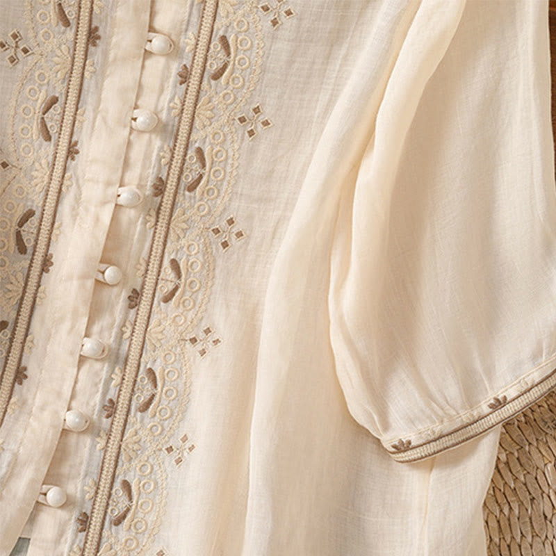 Camicia da donna in poliestere con scollo a V, manica corta , Buddha Stones, bottoni a rana - image 3