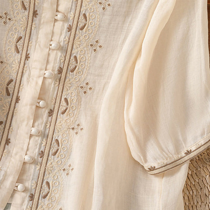 Camicia da donna in poliestere con scollo a V, manica corta , Buddha Stones, bottoni a rana - image 3