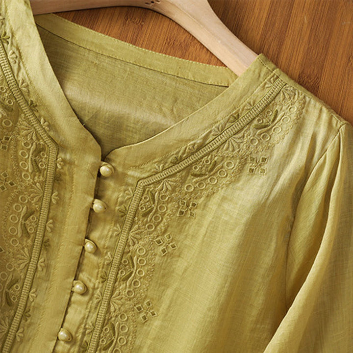 Camicia da donna in poliestere con scollo a V, manica corta , Buddha Stones, bottoni a rana - image 16