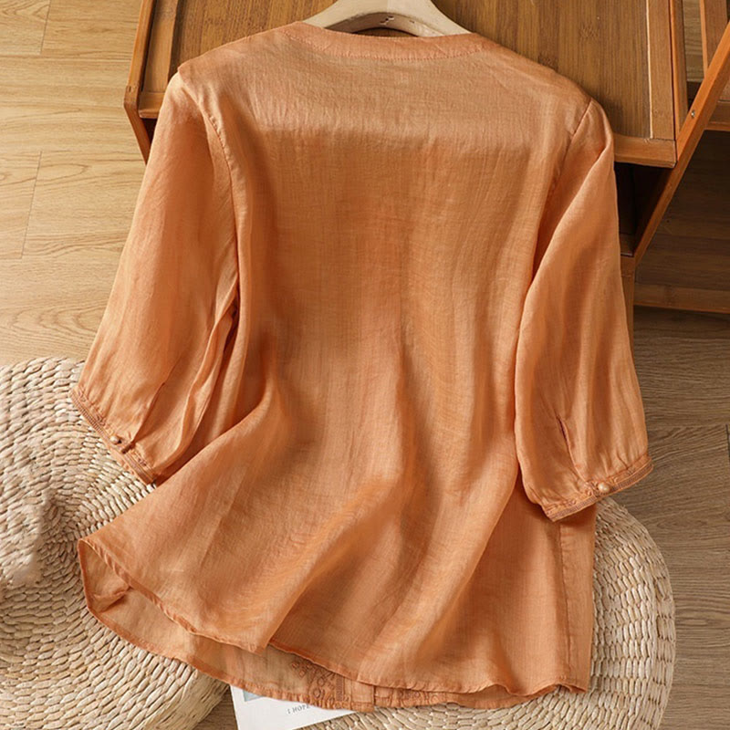 Camicia da donna in poliestere con scollo a V, manica corta , Buddha Stones, bottoni a rana - image 19
