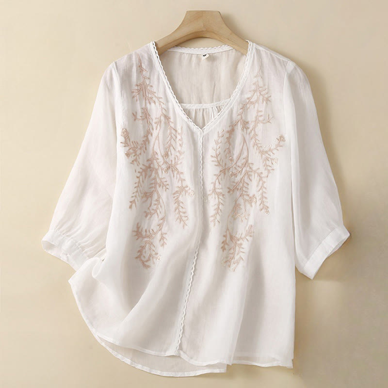 T-shirt da donna a maniche corte con scollo a V e ricamo di rami di fiori e Buddha Stones per l'estate. - Bianco - US8-10, UK/AU12-14, EU40-42 (2XL) - image 5