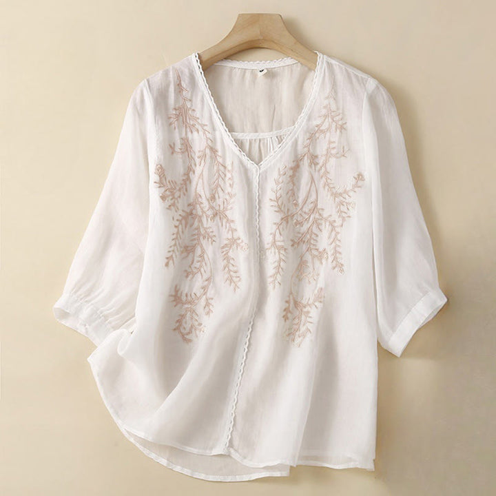 T-shirt da donna a maniche corte con scollo a V e ricamo di rami di fiori e Buddha Stones per l'estate. - Bianco - US8-10, UK/AU12-14, EU40-42 (2XL) - image 5