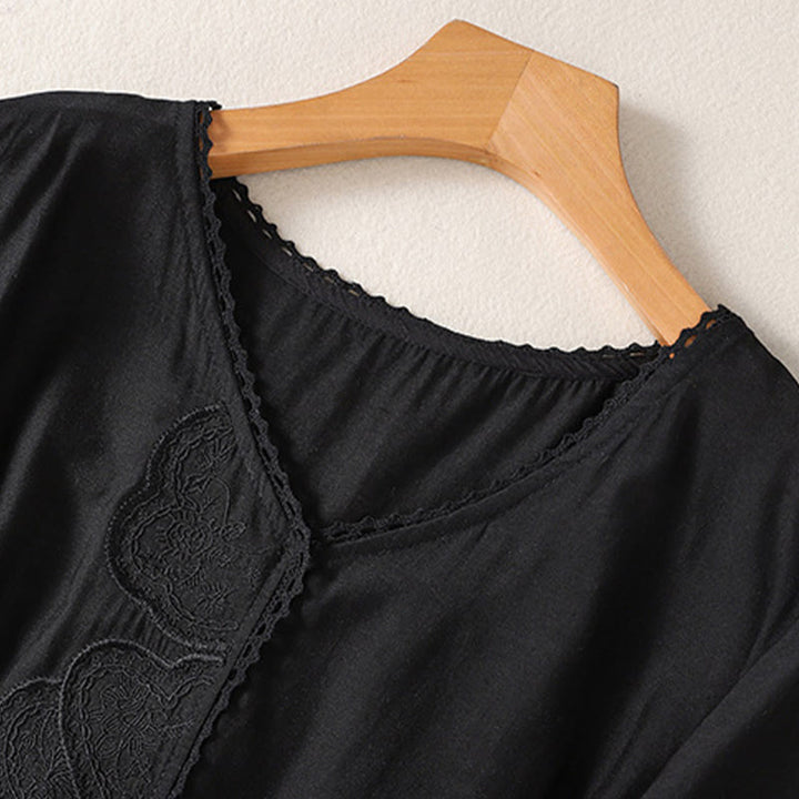 T-shirt da donna a maniche corte con scollo a V e ricamo a motivo Buddha Stones. - image 9