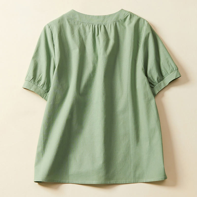 T-shirt casual da donna in cotone e lino con maniche corte e bottoni, Buddha Stones - image 1