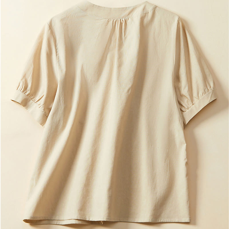 T-shirt casual da donna in cotone e lino con maniche corte e bottoni, Buddha Stones - image 7