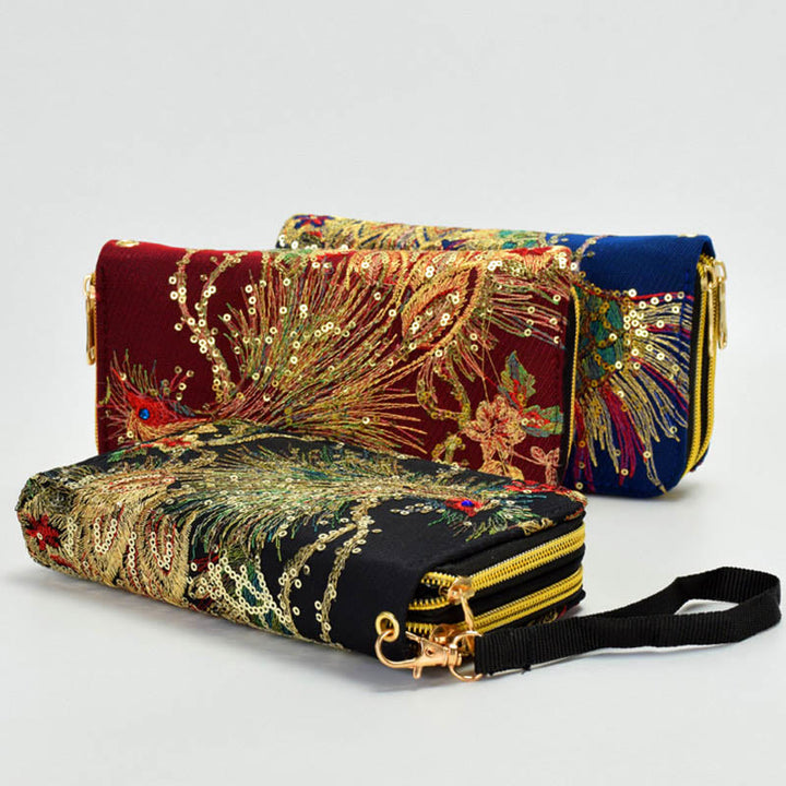 Portafoglio porta contanti con ricamo bifacciale Buddha Stones Peacock Shopping Purse - image 0