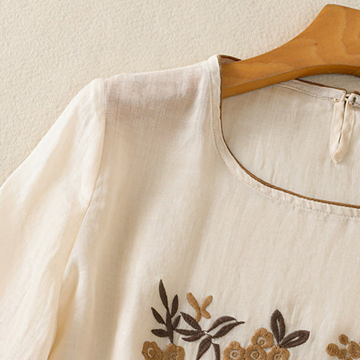 T-shirt da donna a maniche a tre quarti con ricamo floreale retrò Buddha Stones. - image 3