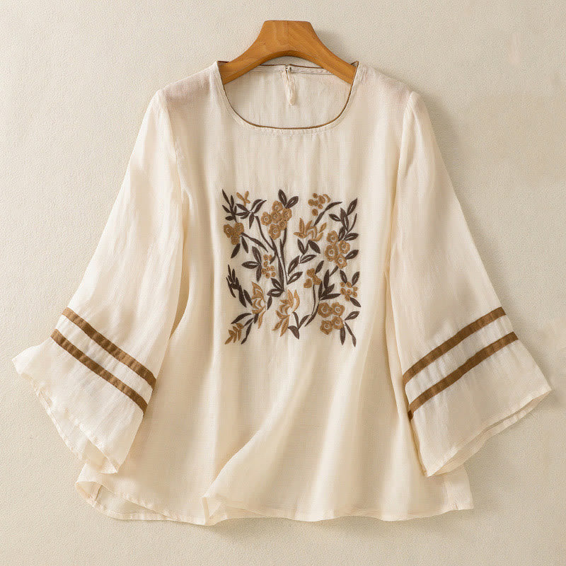 T-shirt da donna a maniche a tre quarti con ricamo floreale retrò Buddha Stones. - Beige - US8-10, UK/AU12-14, EU40-42 (2XL) - image 0