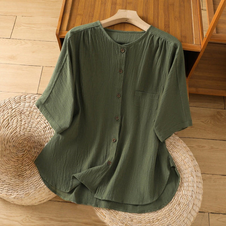 Camicia da donna in cotone e lino con maniche corte, casual, semplice, con bottoni e tasca , Buddha Stones - Verde scuro - US8-10, UK/AU12-14, EU40-42 (2XL) - image 0