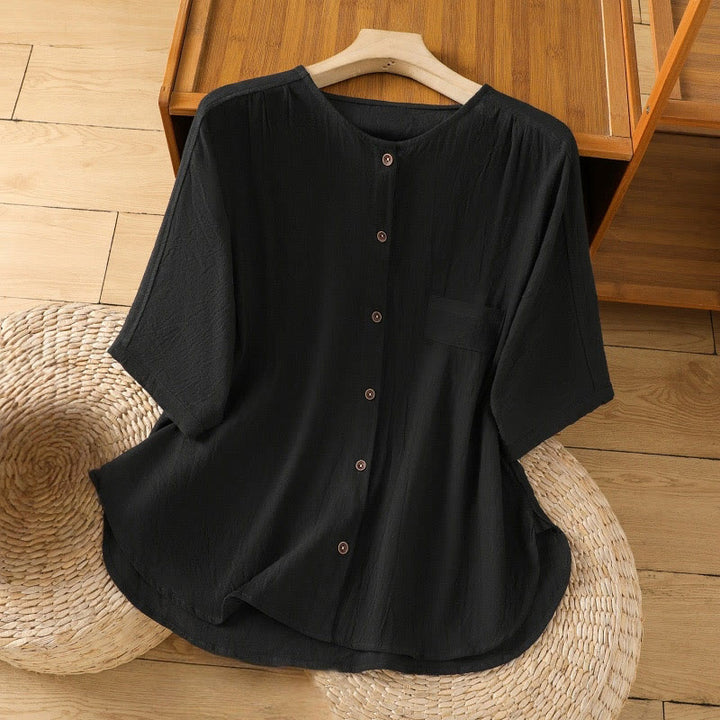Camicia da donna in cotone e lino con maniche corte, casual, semplice, con bottoni e tasca , Buddha Stones - Nero - US8-10, UK/AU12-14, EU40-42 (2XL) - image 9