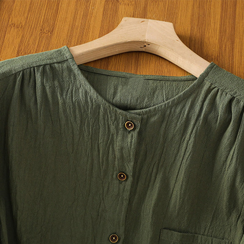 Camicia da donna in cotone e lino con maniche corte, casual, semplice, con bottoni e tasca , Buddha Stones - image 2