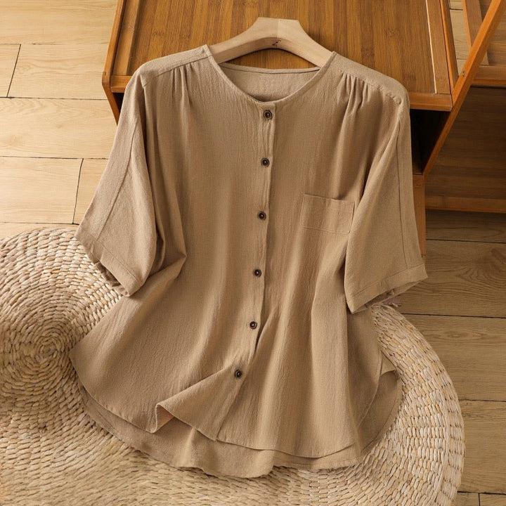 Camicia da donna in cotone e lino con maniche corte, casual, semplice, con bottoni e tasca , Buddha Stones - Verga d'oro - US8-10, UK/AU12-14, EU40-42 (2XL) - image 25