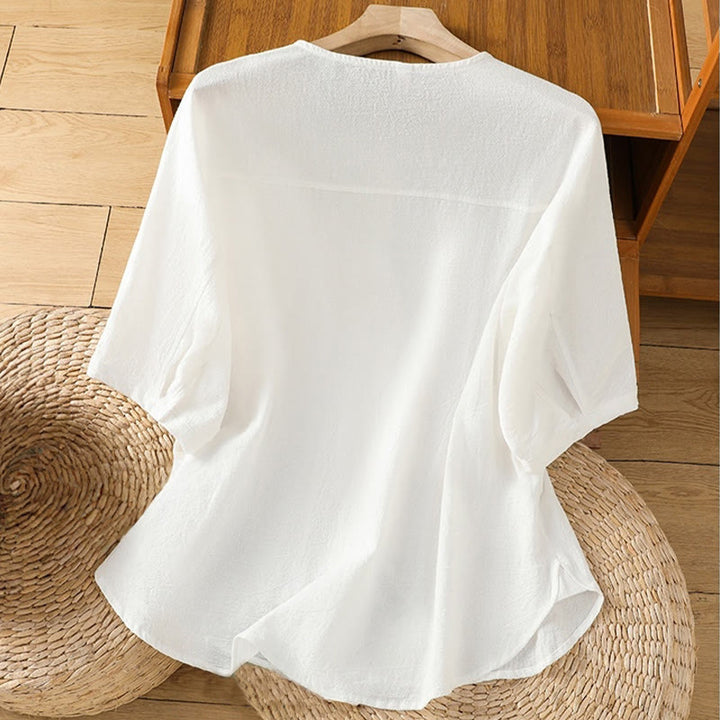 Camicia da donna in cotone e lino con maniche corte, casual, semplice, con bottoni e tasca , Buddha Stones - image 18