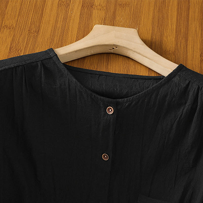 Camicia da donna in cotone e lino con maniche corte, casual, semplice, con bottoni e tasca , Buddha Stones - image 13