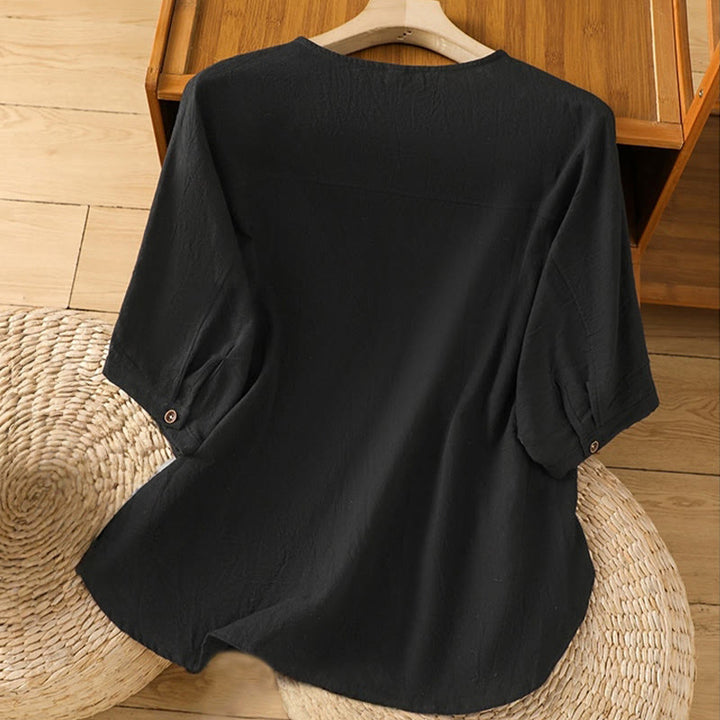 Camicia da donna in cotone e lino con maniche corte, casual, semplice, con bottoni e tasca , Buddha Stones - image 10