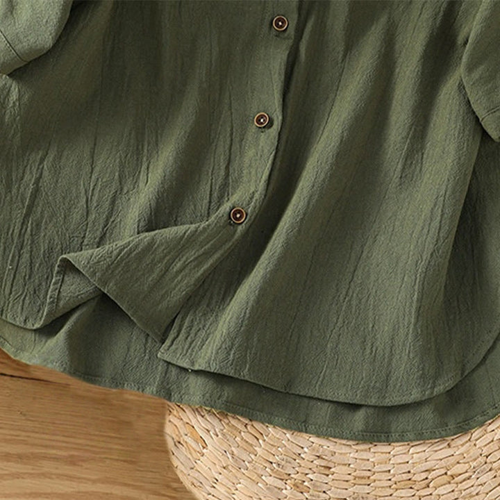 Camicia da donna in cotone e lino con maniche corte, casual, semplice, con bottoni e tasca , Buddha Stones - image 8