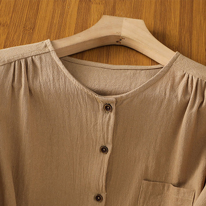 Camicia da donna in cotone e lino con maniche corte, casual, semplice, con bottoni e tasca , Buddha Stones - image 27