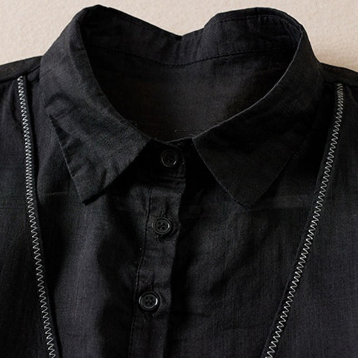 Camicia da donna in cotone e lino, modello Buddha Stones, retro, tinta unita, finto due pezzi, bottoni, mezza manica - image 28