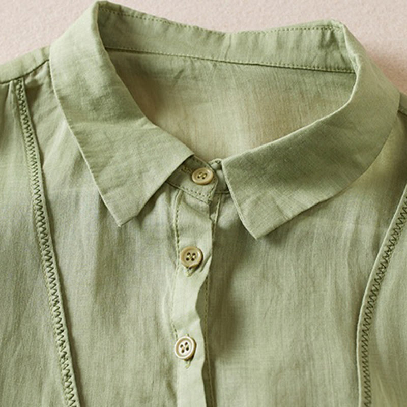 Camicia da donna in cotone e lino, modello Buddha Stones, retro, tinta unita, finto due pezzi, bottoni, mezza manica - image 20