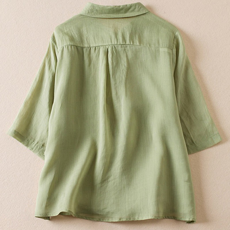 Camicia da donna in cotone e lino, modello Buddha Stones, retro, tinta unita, finto due pezzi, bottoni, mezza manica - image 19
