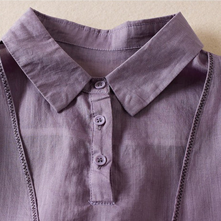 Camicia da donna in cotone e lino, modello Buddha Stones, retro, tinta unita, finto due pezzi, bottoni, mezza manica - image 2