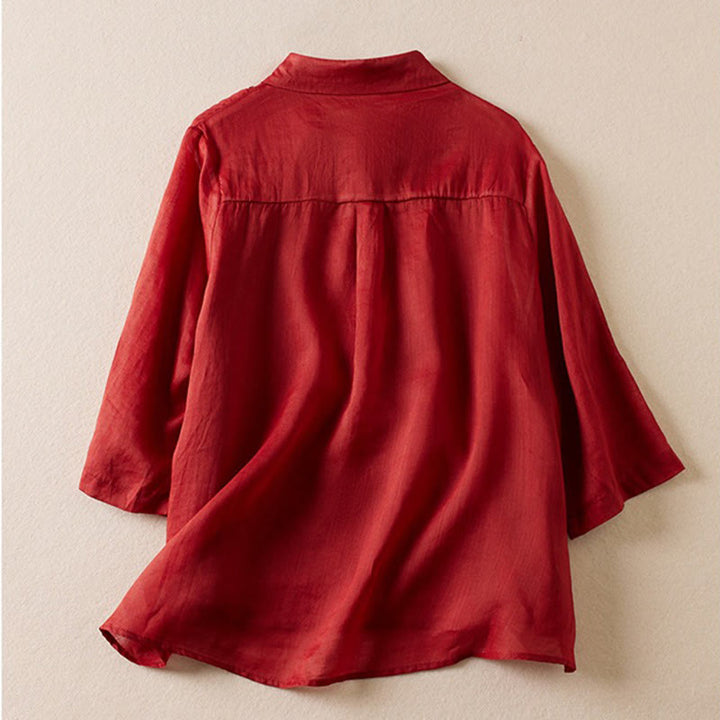 Camicia da donna in cotone e lino, modello Buddha Stones, retro, tinta unita, finto due pezzi, bottoni, mezza manica - image 9