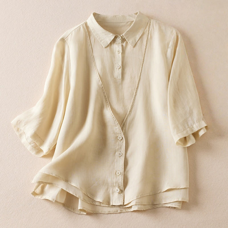 Camicia da donna in cotone e lino, modello Buddha Stones, retro, tinta unita, finto due pezzi, bottoni, mezza manica - Beige - US12, UK/AU16, EU44 (2XL) - image 35
